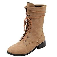 Veodhekai Women Vintage Pure Color Round Toe Lacing Boots Chunky Heels Roman Boots Students Shoes Brown