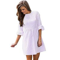 Lefthigh Women's Round Neck Striped Zipper Flared Dress, Ladies Fashion Casual Mini Skirts Purple