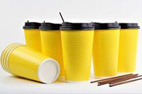 DOLENCHI 100 Pack Disposable Paper Coffee Cups with Lids Insulated Double Walled for Hot and Cold Drinks Leak Proof Recyclable Diamond Embossed Feel - 16 Ounces Sunrise Color