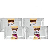 [40 Count - 12 Inch Plates] Rectangulete Hexagons Designer Tableware Heavyweight Plastic Clear Rectangle Luncheon Plates With Designed Border, Party & Wedding, Event Disposable Dishes