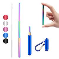 Malier Telescopic Reusable Collapsible Straw, Rainbow Stainless Steel Metal Straws Food-Grade Drinking Straws Keychain Portable Set with Aluminum Case & Cleaning Brush - Blue
