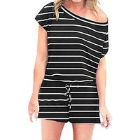 TOPUNDER Women's Summer Jumpsuit Short Sleeve Striped Rompers Short Pant Playsuit