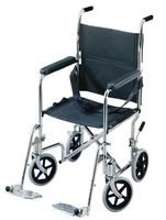Wheel Chair - Folding transport chair with black seat belt. Fixed full arm rest, detachable swing away foot rest, heel loop and 8" solid tires. Black leatherette seat upholstery. Lever operated fold down back. Available in 17" wide and 19" wide.
