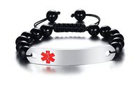 PJ Jewelry Free-Engraving Stainless Steel Carnelian Braided Black String Medical Alert ID Tag Adjustable Bracelet