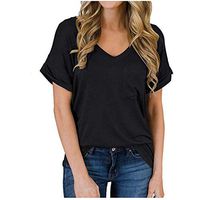 Meikosks Women's Pocket Ruffled Tops V-Neck Short Sleeve T Shirt Solid Color Blouse Casual Pullover Black