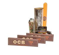 Bundle-7 Items-OCB Virgin Unbleached King Size Rolling Papers, 3 Packs-OCB 110mm Wood Roller-Clipper Cork Covered Cashmir Design Lighter-Randy's Hemp Wick-Rolling Paper Store Acrylic Storage Tube