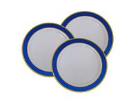 7" Disposable Plastic Appetizer and Dessert Plates With Blue and Gold Trim - 40 Pack - 7 Inch Blue and Gold Rimmed Elegant China Like Wedding Dinnerware.