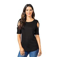 Theoylos Women's Strappy Cold Shoulder Tops Casual Tees Ladies Loose Basic T-Shirts O-Neck Irregular Hem Short Sleeve Black