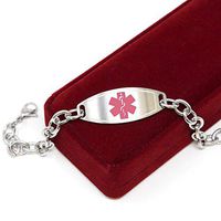 Medical Alert Bracelet for Women, Custom Engraved Medic ID, Steel 6mm O-Link Chain - Pink, Free ID Card | Wrist Size 7.5 Inch