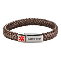 [Engraving]Leather Medical Alert Bracelet - Personalized Medical ID for Men Women Kids Custom Diabetic Alert Bracelet-Brown (17cm(6.72"), ☆Silver-Blood thinner)