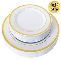 JL Prime 50 Piece Gold Plastic Plates for 25 Guests, Heavy Duty Reusable Disposable Plastic Plates with Gold Rim for Party and Wedding, 25 Dinner Plates, 25 Salad Plates
