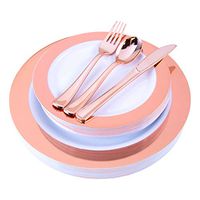 125pcs Rose Gold Plastic Dinner Plates Set with Disposable Silverware, 25 Dinner Plates / 25 Salad Plates / 25 Forks / 25 Knives / 25 Spoons, Fancy Elegant Durable Heavy Duty Dinnerware