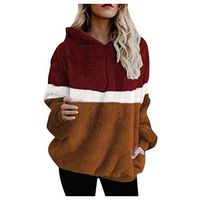 HNTDG Women Winter Warm Splice Hooded Long SleeceCollar Plush Sweatshirt with Pocket Hoodie Red