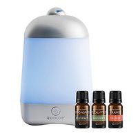 SpaRoom SpaMist Essential Oil Diffuser Starter Kit, Aromatherapy Diffuser with Essential Oils Set, Lemongrass, Orange & Eucalyptus Essential Oil, 7 Color LED Light & Auto Shut-off, 140mL Tank, 3 Oils