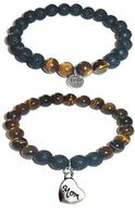 Hidden Hollow Beads Charm Tigers Eye and Black Lava Natural Stone Women's Yoga Beaded Stretch Bracelet Set. Comes in A Gift Box! (Mom)