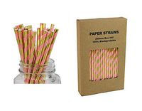 Pink and Gold Striped Drinking Straws - Box of 100, Metallic Paper Sticks for Cake Pops, Shiny Party Themed Decoration
