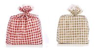 Twofer Reusable Gift Wrap Bags (4 Red Gingham + 4 Gold Gingham) by Designerliners 8 PK - Gift Wrap for You, Then Home Decor for Recipient - 21" x 24". Includes Twist Ties.