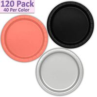120 Paper Dessert Plates (7") - Black, Coral, Silver - 40 Per Color, 3 Colors - Great Assortment for Birthday Parties, Weddings, Holidays, Baby Shower, Celebrations, and more