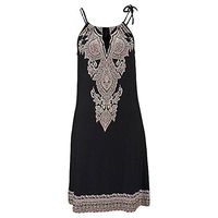 Danhjin Women Dress Halter Neck Boho Sling Bohemian Printed Off-Shoulder Sleeveless Casual Mini Beachwear Dress Sundress S-XL Black