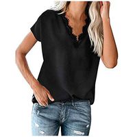 Meikosks Women's V Neck Lace Trim Blouse Summer Short Sleeve Tops Solid Color T Shirt Black