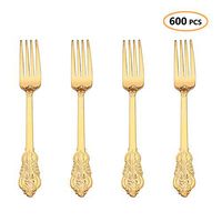 Plastic Gold Forks 600 Pcs - Heavyweight Disposable Dinner Forks Set - Heavy Duty Fancy Baroque Silverware - Bulk Party Cutlery Utensils Flatware Set For Wedding, Easter, Birthday & All Occasions