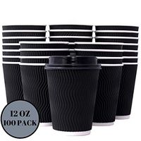 Disposable Coffee Cups with Lids 12 oz & Stirring Straws I Insulated To Go Paper Coffee Cups with lids for Hot Beverages I Eco-Friendly and Recyclable I 12 oz - 100 Pack - Black - by Tayfa