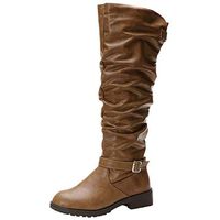 Women's Long Riding Boot,Ladies Side Zipper Solid Buckle Mid Heel Round Toe Leather Knee High Boot