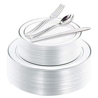 200 Pieces Silver Disposable Plates with Plastic Silverware, Premium Heavyweight Silver Plastic Plates Includes: 40 dinner Plates 10.25", 40 Dessert Plates 7.5", 40 Knives, 40 Forks, 40 Spoons