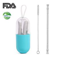 Reusable Silicone Straw Bpa Free, Collapsible Silicone Straw Drinking with Straw Carrying Case and Cleaning Brush, Zero Waste, FDA Approved, Portable For Plastic Free Outdoor/Travel Use, Grey