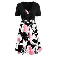 Womens Floral Print Midi Dresses Sleeves Bow Knot Bandage Suit Summer Casual Cardigan Tops Vintage Straps Mini A-Line Tshirt Dress Loose Swing Flowy Pleated Floral Sun Dress