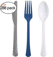 Tiger Chef Blue Silver White Hanukkah Flatware Party Supplies, Heavyweight Colored Plastic Silverware Includes 96 Forks, 96 Teaspoons, and 96 Knives (Hanukkah, 288)