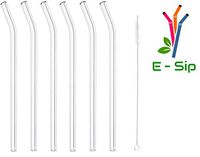 ESip Glass Straws Clear Bent 9" x 9.5 mm - Premium Quality Hand Made FDA Approved - Perfect Reusable Straw for Smoothie, Bubble Tea, Juice, Water - 6 Pack with Cleaning Brush