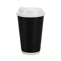PREMIUM Disposable Hot Paper Cups With Lids, Double Wall & Ripple Insulation For Heat Protection, Black, 30 Count - 16 oz.