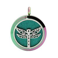 Aromatherapy Jewelry Dragonfly Hollow Filigree necklace-Stainless Steel Essential Oils Diffuser Locket Pendant 10 multicolour Pads