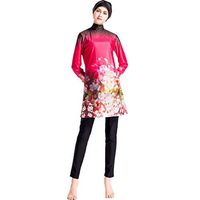 Gojendy Women Plum Blossom Floral Printed Bathing Suit for Muslim Long Sleeves with Cap (XL, Red)