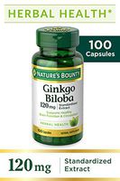 Nature's Bounty Ginkgo Biloba Pills and Herbal Supplement, Supports Brain Function and Mental Alertness, 120mg, 100 Capsules