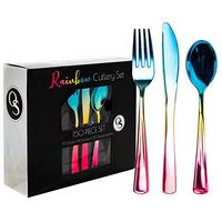 150 Pack Rainbow Plastic Silverware, Blue Gold Pink| 50 Knives 50 Forks 50 Spoons| Heavy Duty, Disposable & Reusable Cutlery Flatware Utensils Set| Party Weddings Bridal & Baby Shower Birthdays
