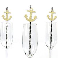 Gold Glitter Anchor Party Straws - No-Mess Real Gold Glitter Cut-Outs and Decorative Nautical Party Paper Straws - Set of 24