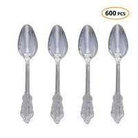 Plastic Silver Spoons 600 Pcs - Heavyweight Disposable Spoons Party Set - Heavy Duty Fancy Baroque Silverware - Bulk Cutlery Utensils Flatware Supplies For Wedding, Easter, Birthday & All Occasions