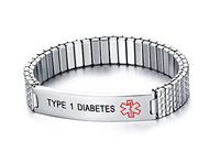 Mealguet Jewelry Type 1 Diabetes- Unisex Stainless Steel Medical Alert ID Tag Stretch Wristband Bracelet/Deep Black engrave