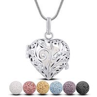 INFUSEU Lava Stone Essential Oil Diffuser Necklace Love Heart Aromatherapy Family Tree of Life Cubic Zirconia CZ Locket Pendant Jewelry Silver Plated, 6 Multicolor Lava Rock Beads, 24" Snake Chain
