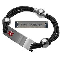 Type 1 Diabetes Medical Alert 316L Stainless Steel and Leather Unisex Bracelet, 8.5