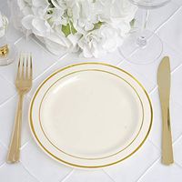 Efavormart 50 Pcs - Ivory with Gold 7.5" Round Disposable Plastic Plate for Wedding Party Banquet - Tres Chic Collection