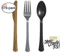 Tiger Chef Gold Silver and Black New Years New Year Flatware Party Supplies, Heavyweight Colored Plastic Silverware Includes 192 Forks, 192 Teaspoons, and 192 Knives (New Year, 576)