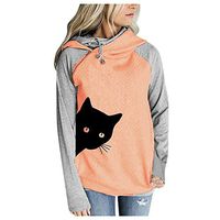 HNTDG Women Cat Printing Hooded Drawstring Long Sleeve Cowl Neck Casual Cotton Blouse Sweatshirt Orange