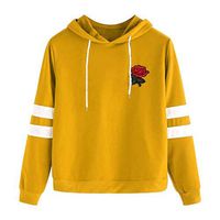 Women Applique Rose Striped Drawst Hoodie Sweatshirt Long Sleeve Pullover Sweatshirt Coats Jumper Crop Pullover Top ZYAPCNGN