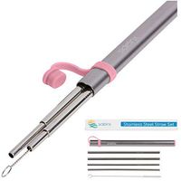 4 Stainless Steel Drinking Straws with Aluminum Travel Case - Portable Straw Set - Reusable Travel Straws with Carrying Case - 4x Metal Straws + 1x Cleaning Brush + 1x Metal Case (Pink)