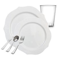 Posh Party Supplies | Antique White Embroidered Plastic Tableware Packagefor 20 Guests | Dinner & Dessert Plates, Plastic Tumblers & Plastic Silver Cutlery | 120 Piece Total