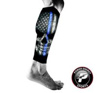 Power Energy Sports Running Training Calf Leg Compression Sleeve Pair Police Blue Thin Line Skull Flag