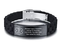 VNOX Custom Engraved-Medical Alert ID Black Silicone Rubber Stainless Steel Adjust Bracelet Wristband,16MM